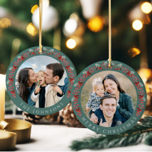 Merry Christmas Holly Botanical Photo Ceramic Tree Decoration