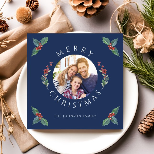 Merry Christmas Holly Botanical Photo Holiday Card (Merry Christmas Holly Botanical Photo Holiday Card)