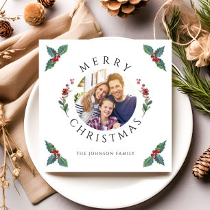 Merry Christmas Holly Botanical Photo Holiday Card