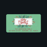 Merry Christmas Holly Boughs Green Return Address Label<br><div class="desc">Scripted Merry Christmas white banner on holly boughs Green holiday return address label. Customize with your family name and address. Festive red,  white and green on black.</div>