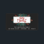 Merry Christmas Holly Boughs Return Address Label<br><div class="desc">Scripted Merry Christmas white banner on holly boughs holiday return address label. Customise with your family name and address. Festive red,  white and green on black.</div>