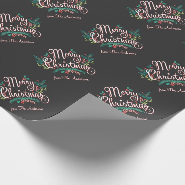 MERRY CHRISTMAS HOLLY BRANCH PERSONALIZED WRAPPING PAPER (Corner)