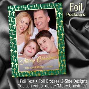 Merry Christmas holly cross green custom photo Foil Holiday Postcard
