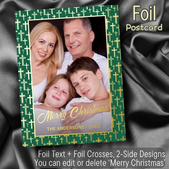 Merry Christmas holly cross green custom photo Foil Holiday Postcard (Creator Uploaded)