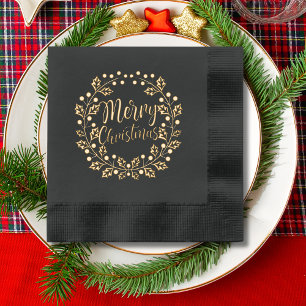 Merry Christmas Holly Floral Wreath Foil Napkins