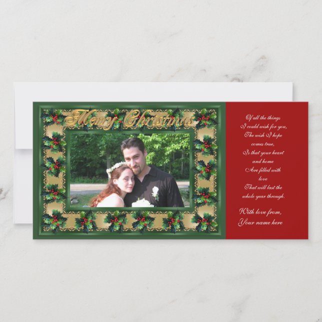 Merry Christmas Holly frame photo card (Front)