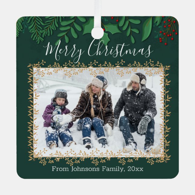 merry christmas holly greenery holiday photo green metal tree decoration (Front)