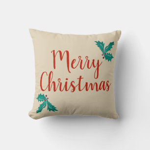 Merry Christmas Holly Ivy VintageRed Beige Holiday Cushion