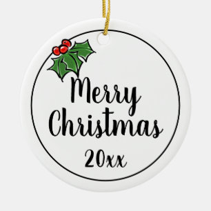 Merry Christmas holly leaves berries Ceramic Tree Decoration