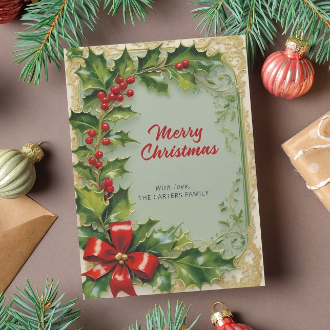 Merry Christmas Holly Leaves Red Ribbon Frame Holiday Card (Creator Uploaded)