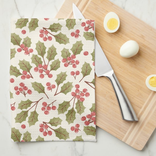 Merry Christmas Holly Pattern Tea Towel (Quarter Fold)