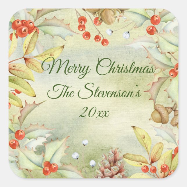 Merry Christmas Holly Personalised Date Vintage Square Sticker (Front)