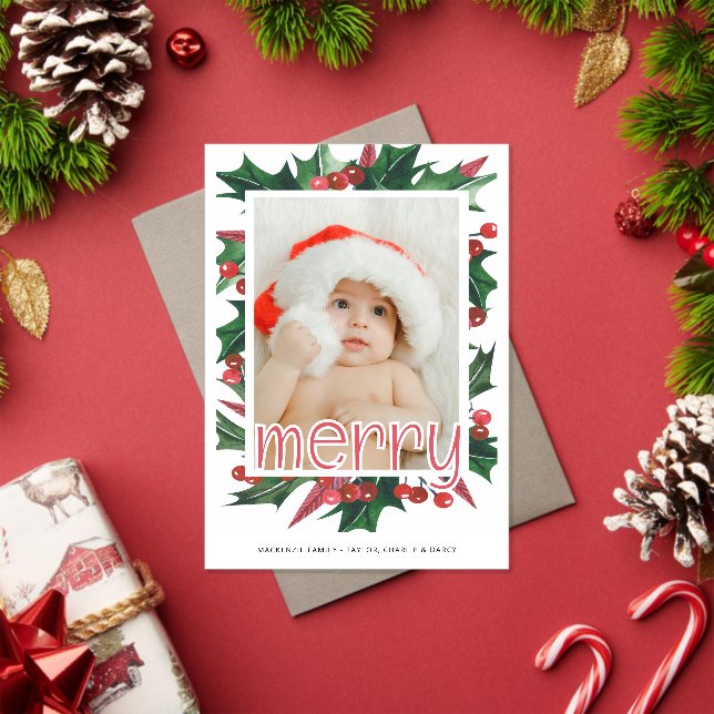 Merry Christmas Holly Photo Personalised Acrylic Invitations (Insitu (Holiday))