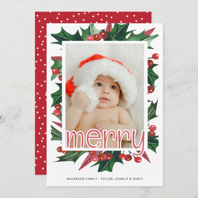 Merry Christmas Holly Photo Personalised Holiday Card (Front/Back)