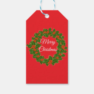 Merry Christmas holly red berry wreath Gift Tags