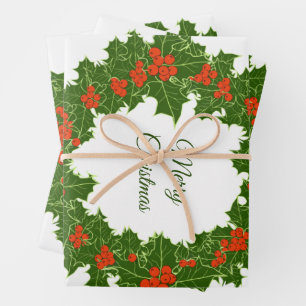 Merry Christmas holly red berry wreath Wrapping Paper Sheet
