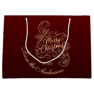 Merry Christmas Holly Red Greeting Holiday Large Gift Bag