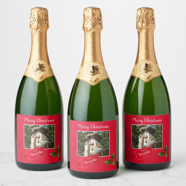 Merry Christmas  Holly Sprig - Custom Photo - Sparkling Wine Label (Bottles)