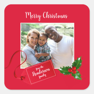 Merry Christmas  Holly Sprig - Custom Photo - Square Sticker