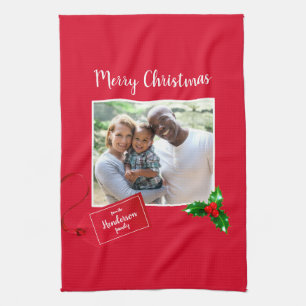 Merry Christmas  Holly Sprig - Custom Photo - Tea Towel