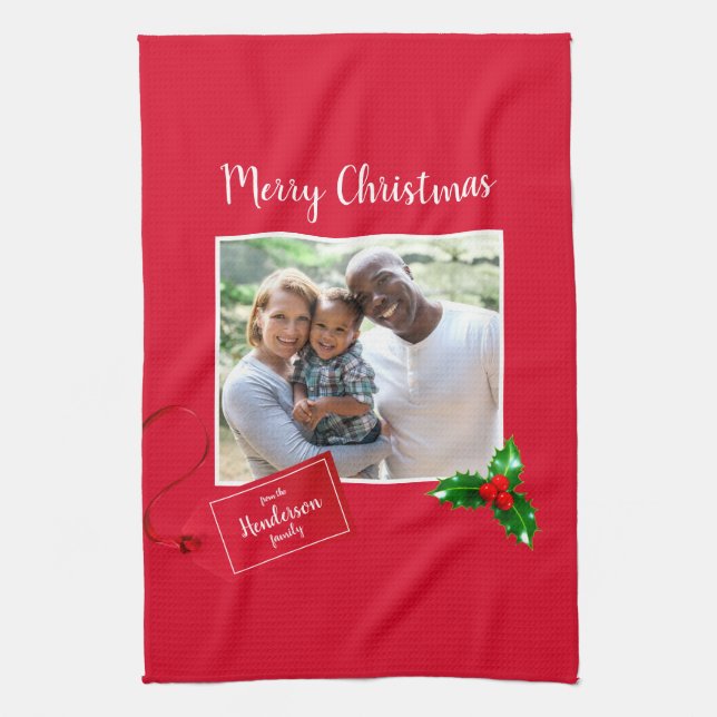 Merry Christmas  Holly Sprig - Custom Photo - Tea Towel (Vertical)