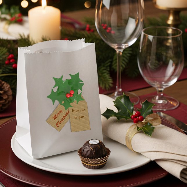 Merry Christmas Holly Sprig Personalised Favour Ba Favour Bags (A festive favor bag with space for your to add your name)