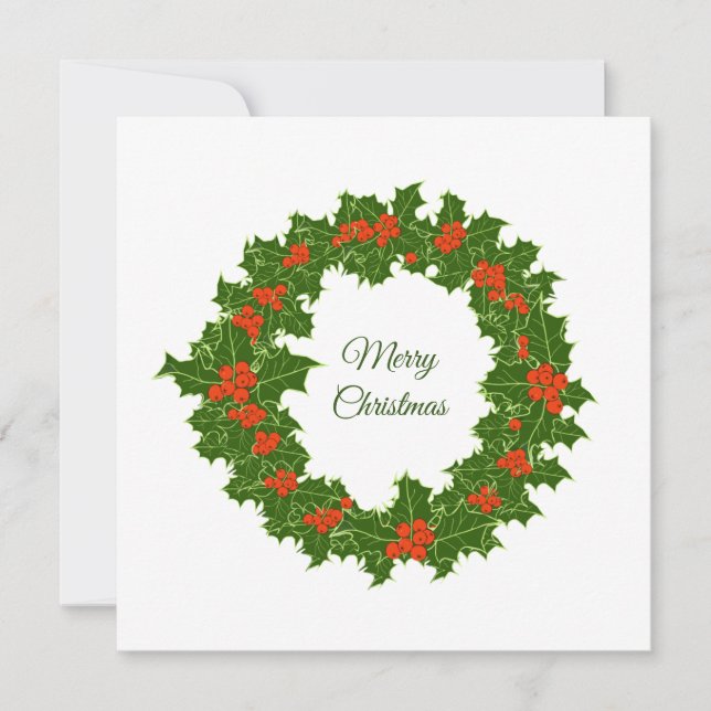 Merry Christmas Holly Wreath  Card (Front)
