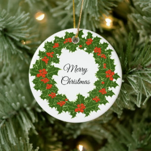 Merry Christmas Holly Wreath Ceramic Tree Decoration