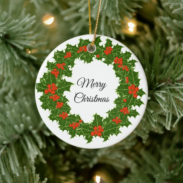 Merry Christmas Holly Wreath  Ceramic Tree Decoration (Tree)