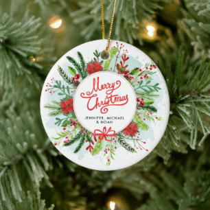 Merry Christmas Holly Wreath Photo Ceramic Tree Decoration
