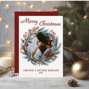 Merry Christmas Holly Wreath Photo Holiday Card