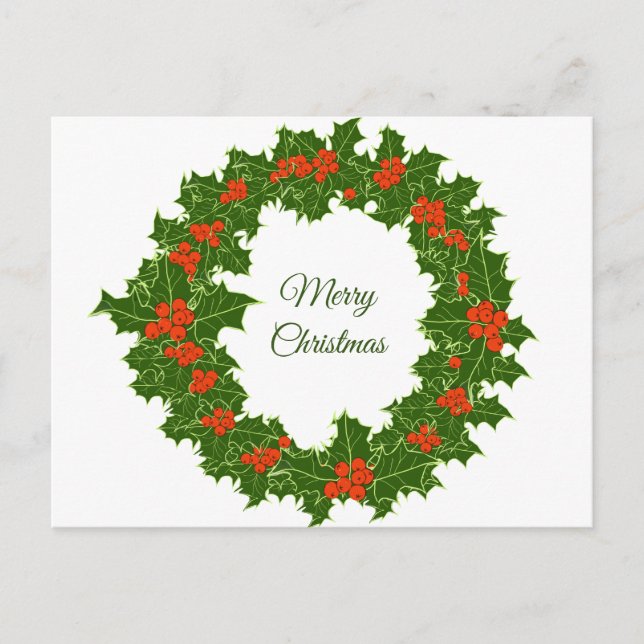 Merry Christmas Holly Wreath  Postcard (Front)