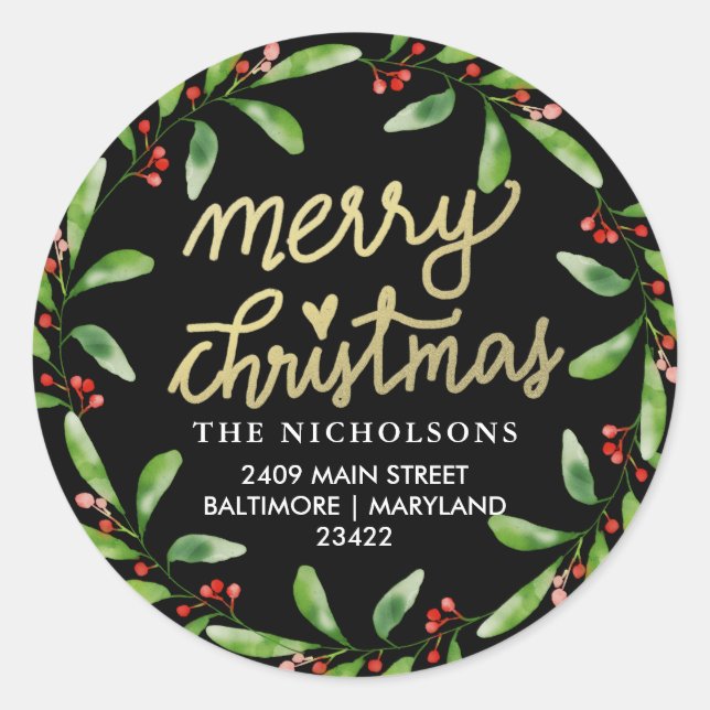 Merry Christmas Holly Wreath |  Return Address Classic Round Sticker (Front)