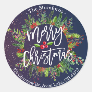 Merry Christmas Holly Wreath Return Address Labels