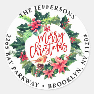 Merry Christmas Holly Wreath Return Address Labels