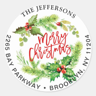 Merry Christmas Holly Wreath Return Address Labels