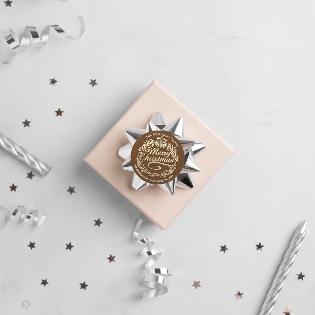 Merry Christmas Holly Wreath RSVP Gold Kraft Brown Classic Round Sticker (Merry Christmas Holly Wreath RSVP Gold Kraft Brown Classic Round Sticker)