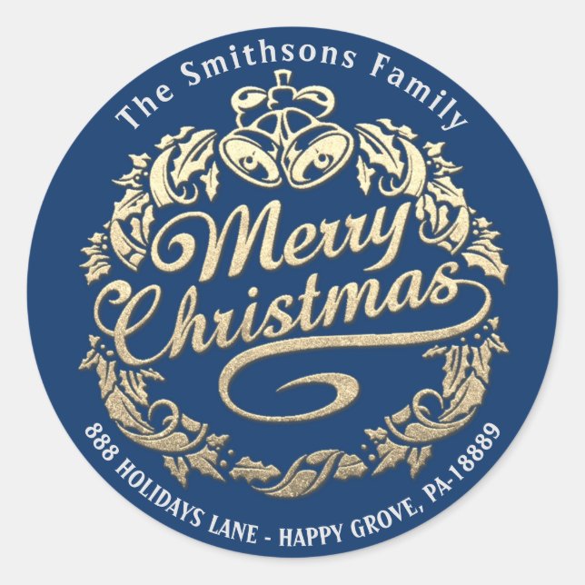 Merry Christmas Holly Wreath RSVP Gold Royal Blue Classic Round Sticker (Front)