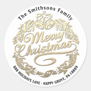 Merry Christmas Holly Wreath RSVP Gold Uniqu White Classic Round Sticker
