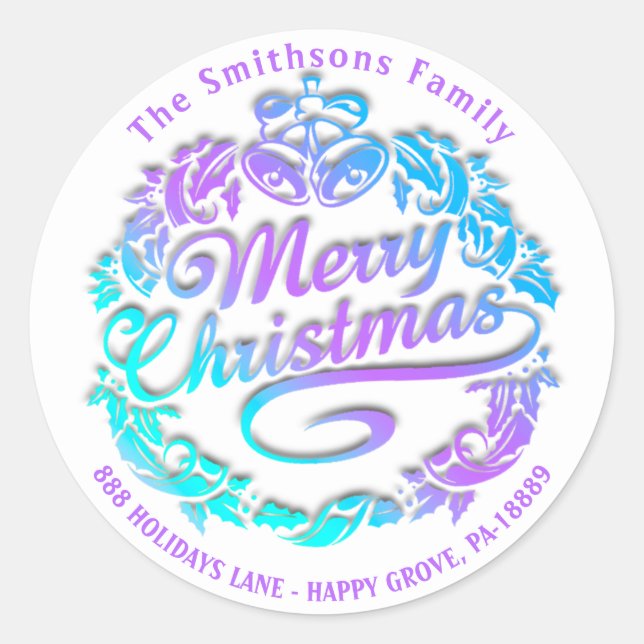 Merry Christmas Holly Wreath RSVP Royal Blue Ombre Classic Round Sticker (Front)