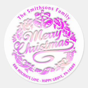 Merry Christmas Holly Wreath RSVP Royal Pink White Classic Round Sticker