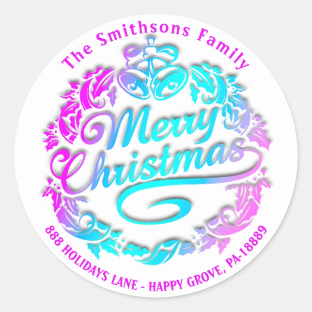 Merry Christmas Holly Wreath RSVP Royal White Pink Classic Round Sticker (Front)