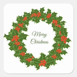 Merry Christmas Holly Wreath Square Sticker