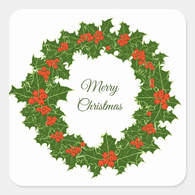 Merry Christmas Holly Wreath   Square Sticker (Front)
