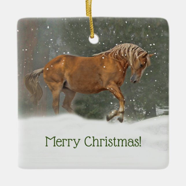Merry Christmas Horse in the Snow Ceramic Ornament (Front)