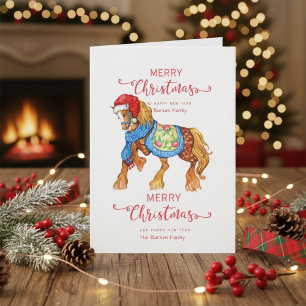 Merry Christmas Horse with Santa Hat Greeting Card