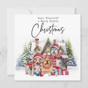 Merry Christmas house with Dogs in Red truck Holiday Card