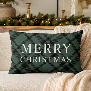 Merry Christmas Hunter Green Black Plaid Lumbar Cushion