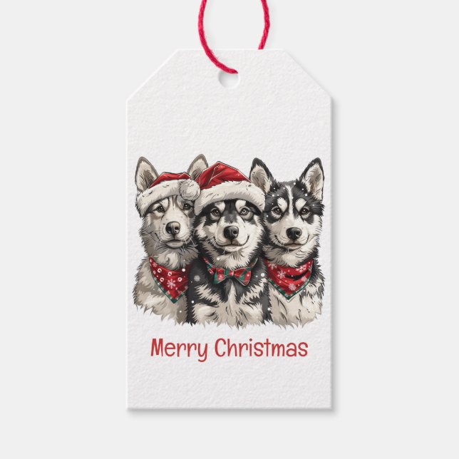Merry Christmas Husky Dogs Gift Tags (Front)