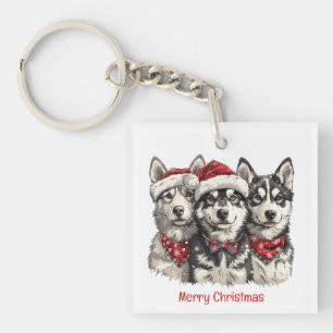 Merry Christmas Husky Dogs Key Ring